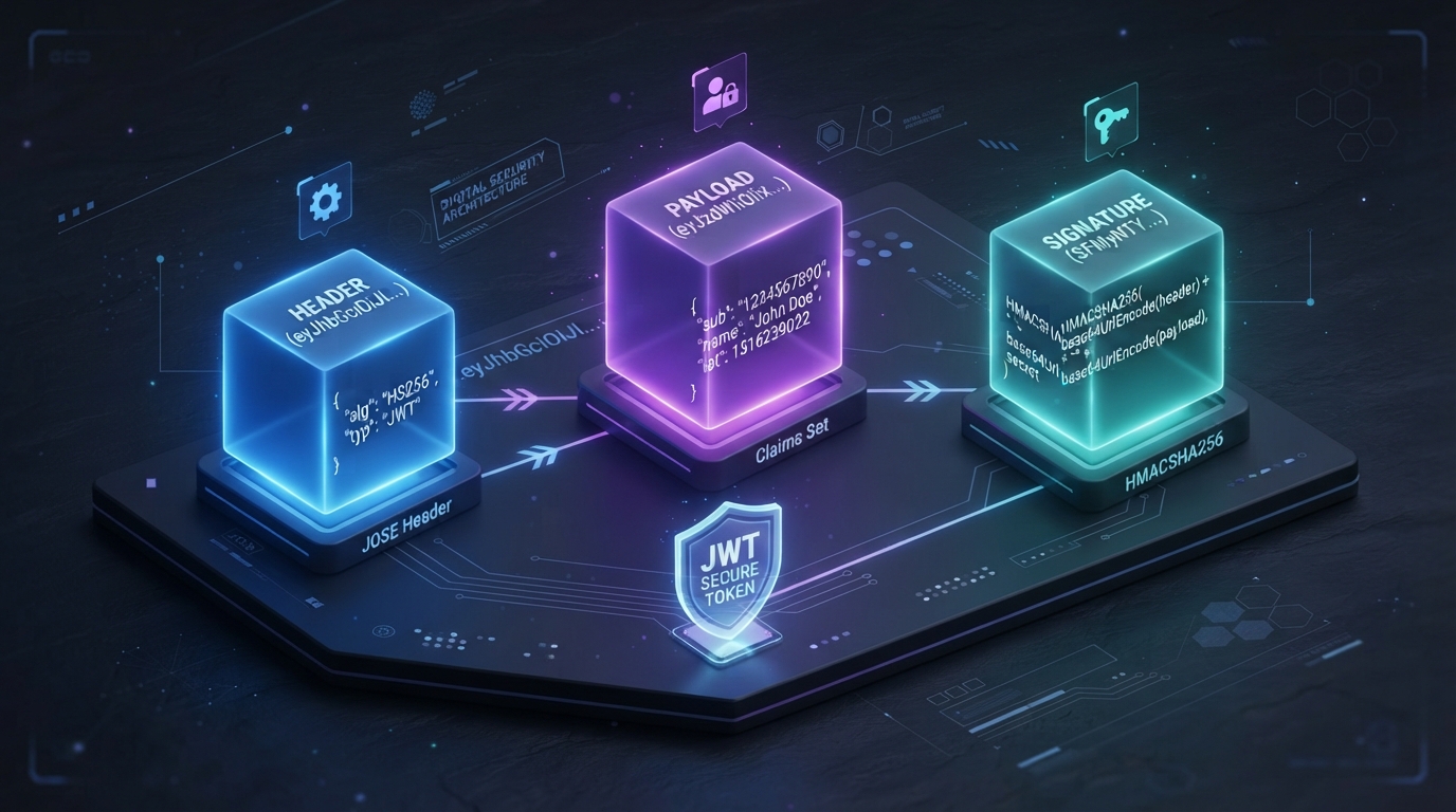 3D isometric illustration of a digital JSON Web Token being cryptographically signed and verified across secure servers.