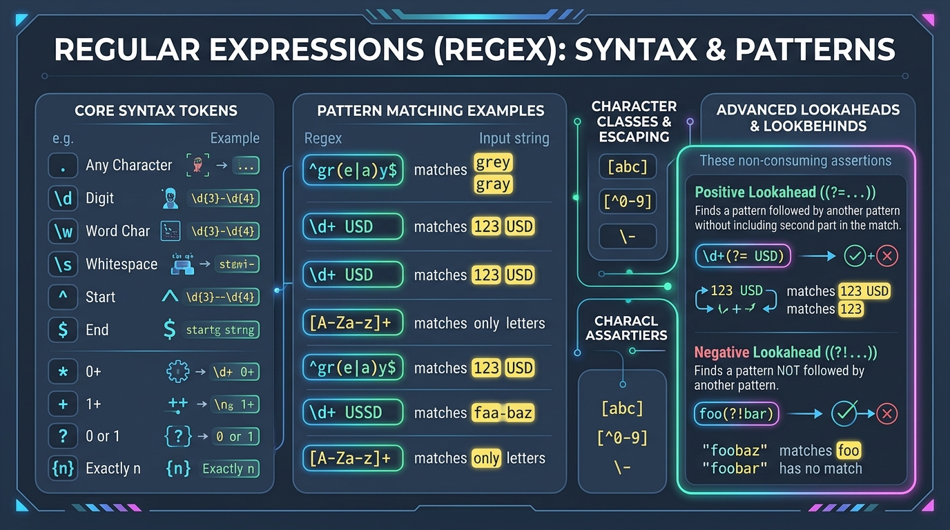 Regular Expressions Syntax Infographic and Pattern Matching Rules